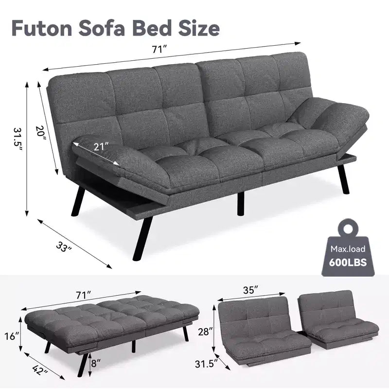 Canapé-lit futon convertible 71", futon moderne en lin avec coussin détachable, dossier et accoudoirs réglables