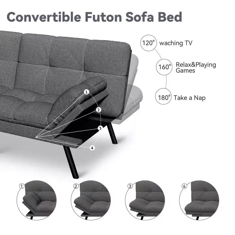 Canapé-lit futon convertible 71", futon moderne en lin avec coussin détachable, dossier et accoudoirs réglables