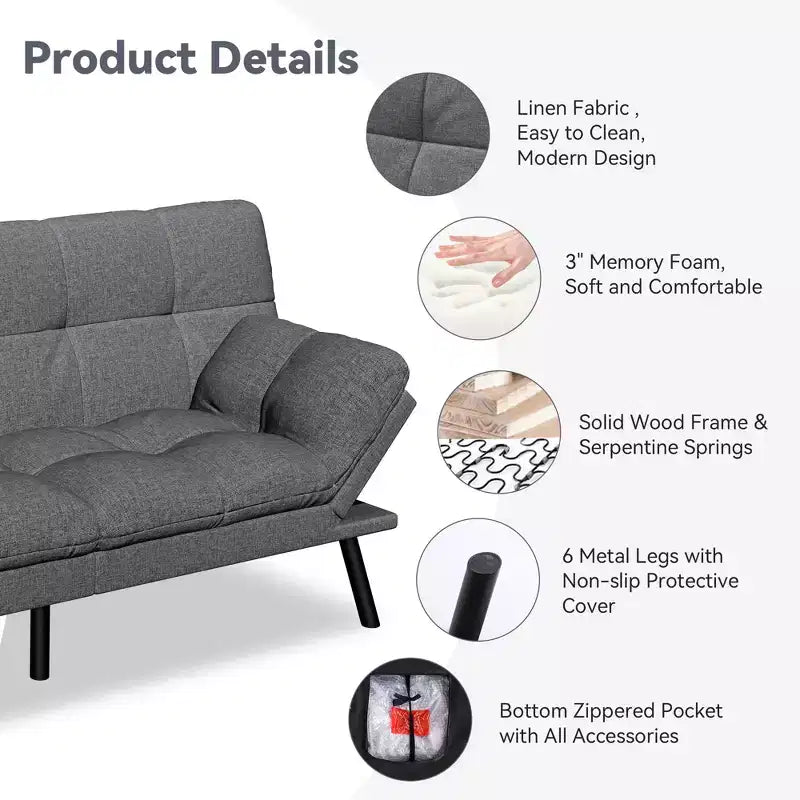 Canapé-lit futon convertible 71", futon moderne en lin avec coussin détachable, dossier et accoudoirs réglables