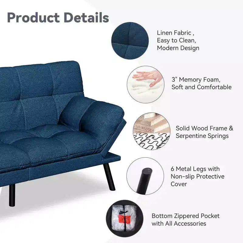 Canapé-lit futon convertible 71", futon moderne en lin avec coussin détachable, dossier et accoudoirs réglables