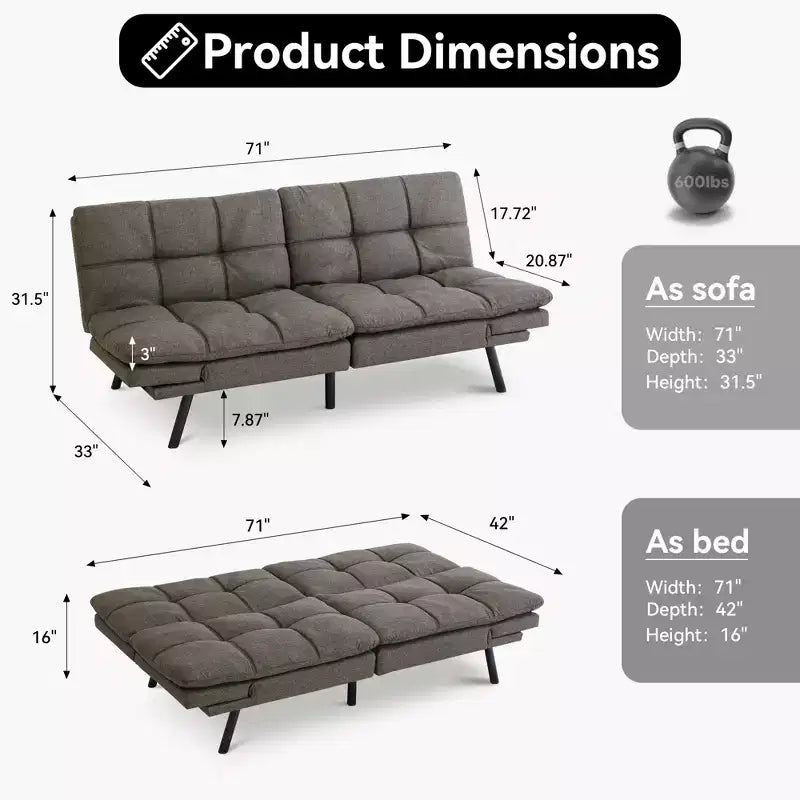 Canapé-lit futon convertible 71", futon moderne en lin avec coussin détachable, dossier et accoudoirs réglables