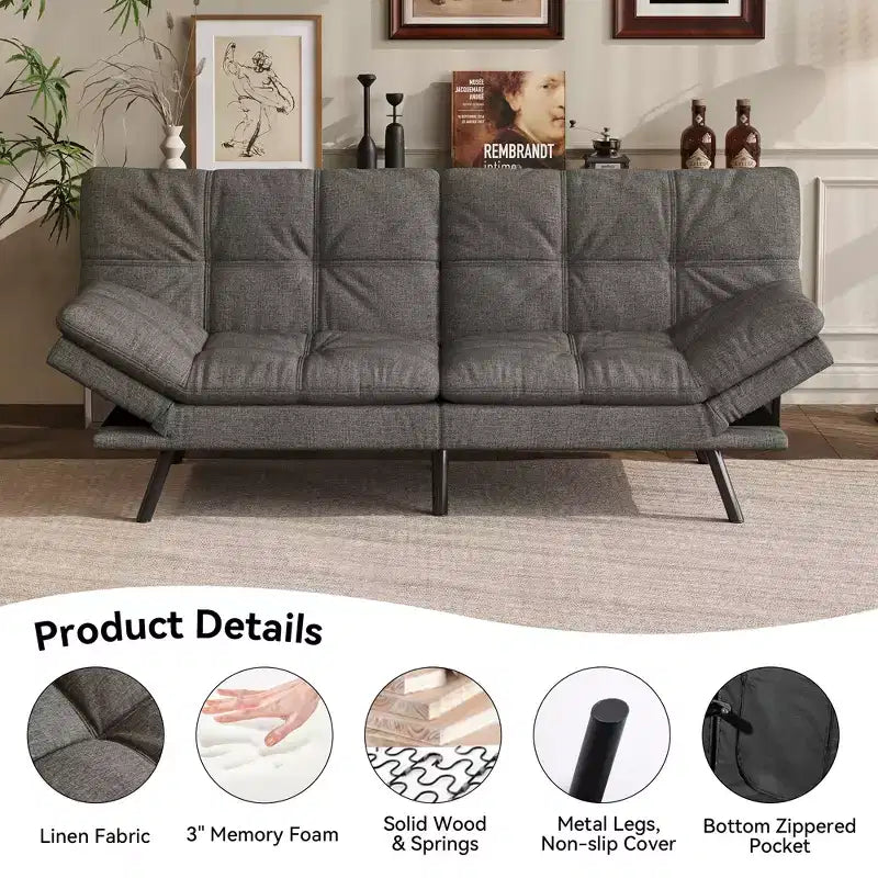 Canapé-lit futon convertible 71", futon moderne en lin avec coussin détachable, dossier et accoudoirs réglables