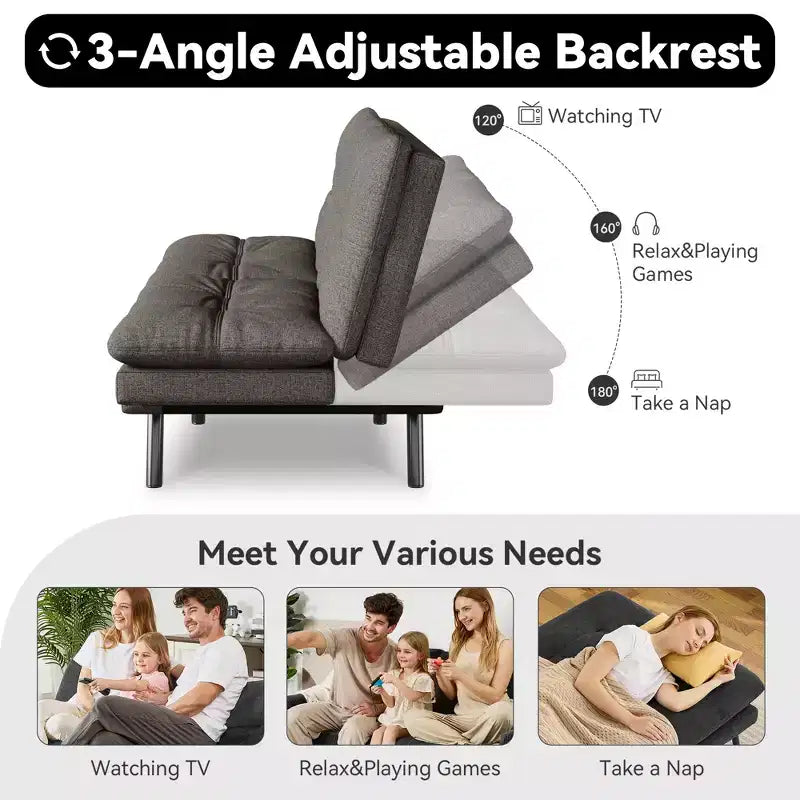 Canapé-lit futon convertible 71", futon moderne en lin avec coussin détachable, dossier et accoudoirs réglables