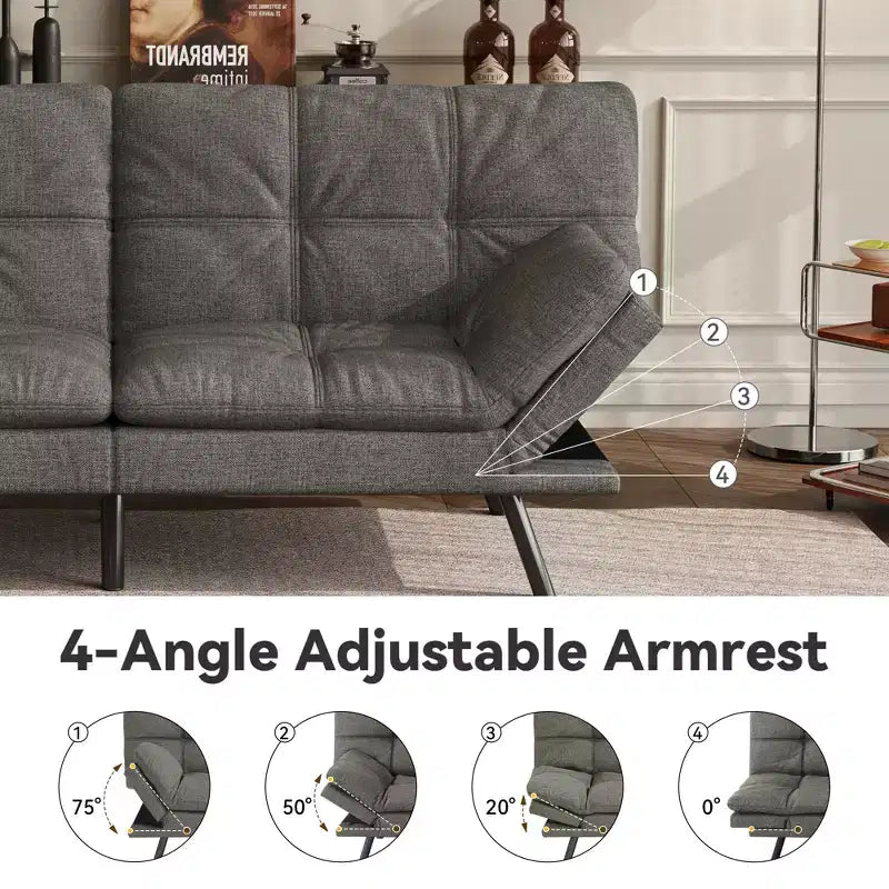 Canapé-lit futon convertible 71", futon moderne en lin avec coussin détachable, dossier et accoudoirs réglables