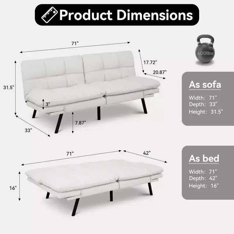 Canapé-lit futon convertible 71", futon moderne en lin avec coussin détachable, dossier et accoudoirs réglables