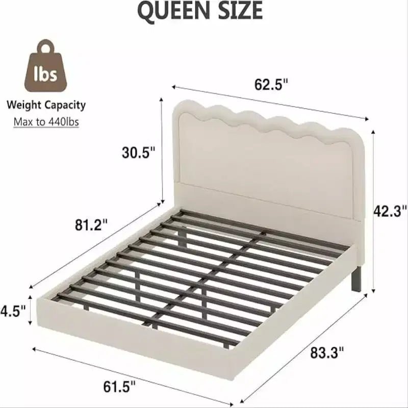 Cadre de lit Queen Size en tissu bouclette avec lumières LED, lit flottant avec tête de lit ondulée et cadre en métal robuste, sans bruit ? beige