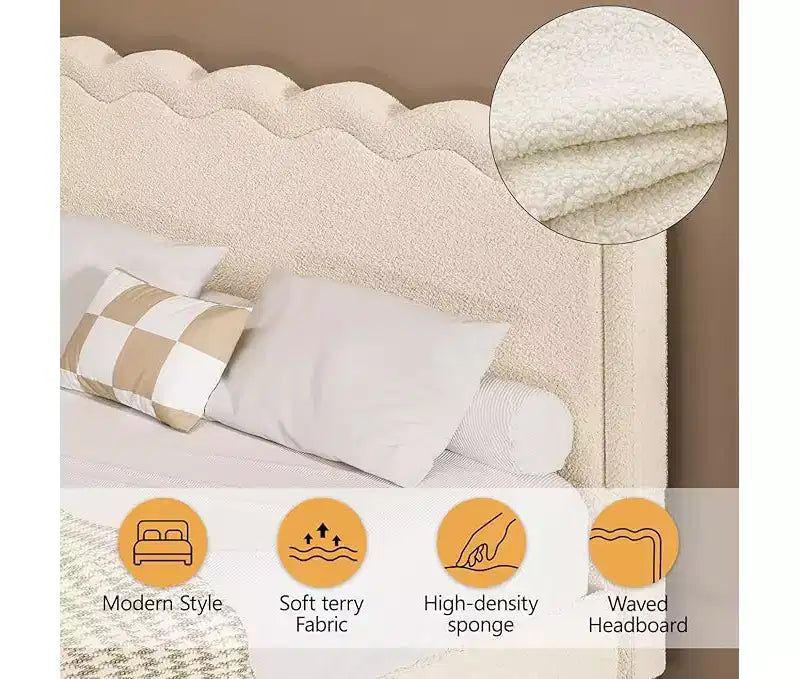 Cadre de lit Queen Size en tissu bouclette avec lumières LED, lit flottant avec tête de lit ondulée et cadre en métal robuste, sans bruit ? beige