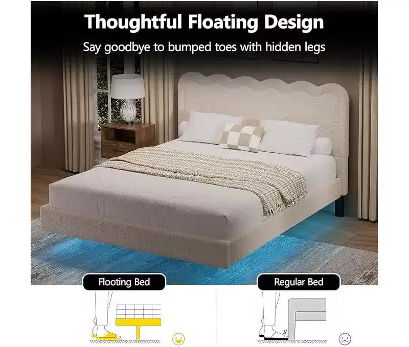 Cadre de lit Queen Size en tissu bouclette avec lumières LED, lit flottant avec tête de lit ondulée et cadre en métal robuste, sans bruit ? beige
