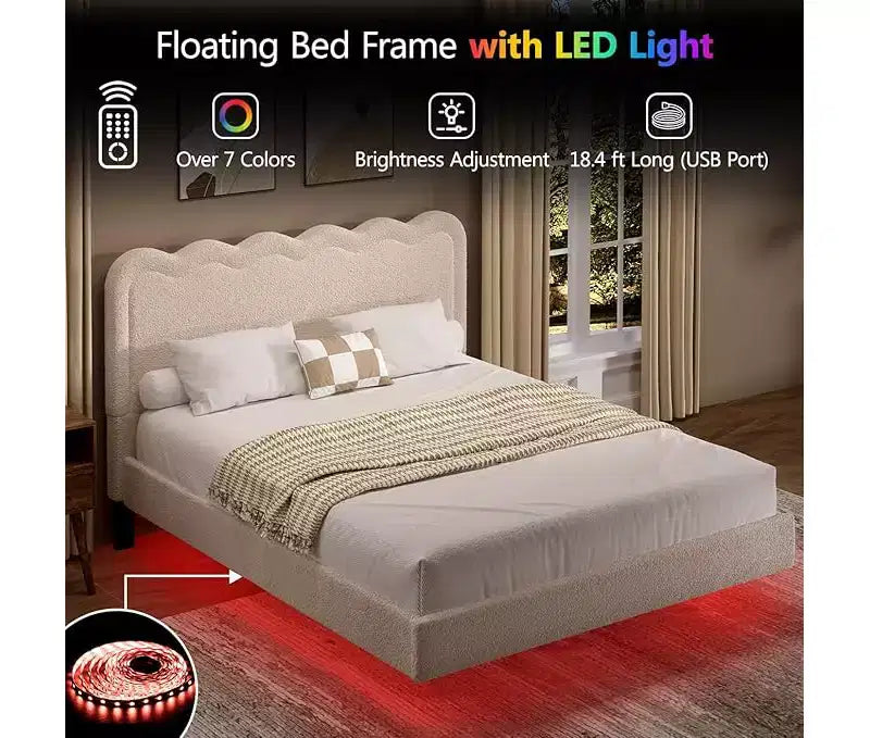 Cadre de lit Queen Size en tissu bouclette avec lumières LED, lit flottant avec tête de lit ondulée et cadre en métal robuste, sans bruit ? beige