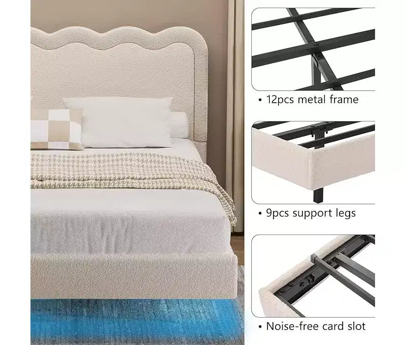 Cadre de lit Queen Size en tissu bouclette avec lumières LED, lit flottant avec tête de lit ondulée et cadre en métal robuste, sans bruit ? beige