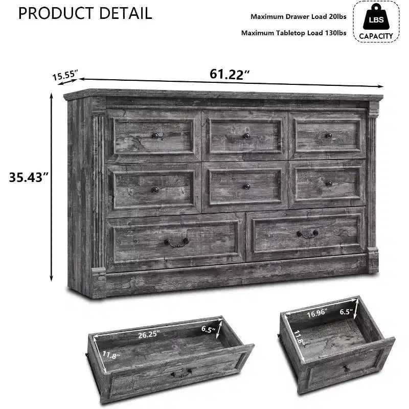 Commode de ferme 61 avec 8 tiroirs, rangement en bois rustique avec colonne romaine pour chambre à coucher