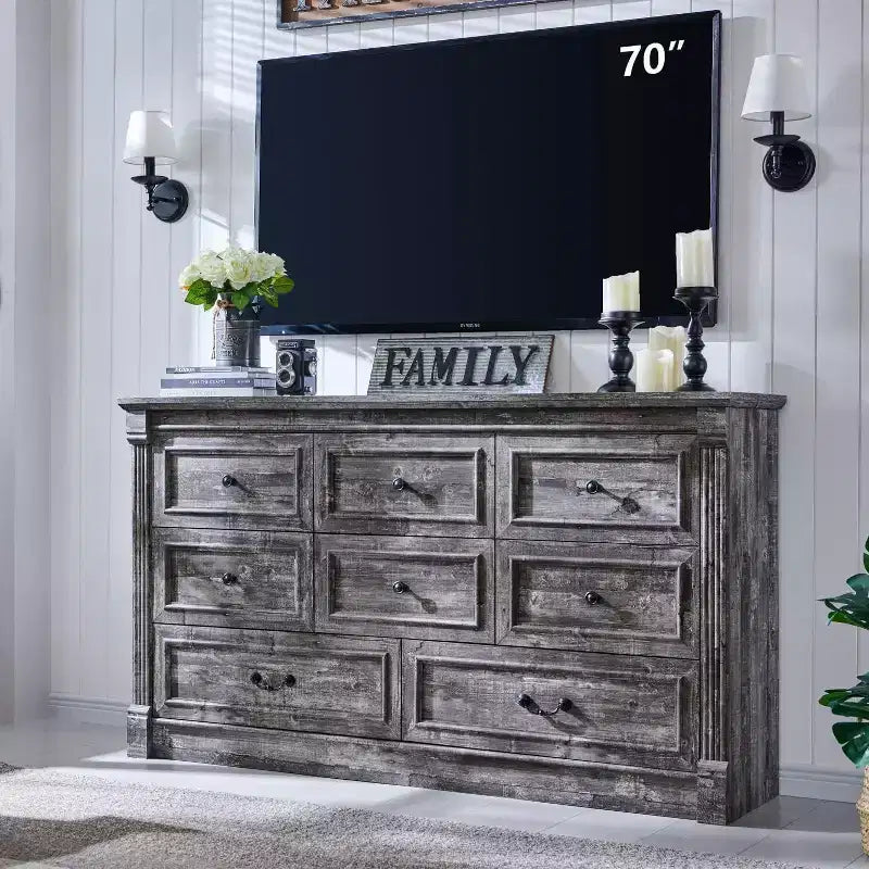 Commode de ferme 61 avec 8 tiroirs, rangement en bois rustique avec colonne romaine pour chambre à coucher