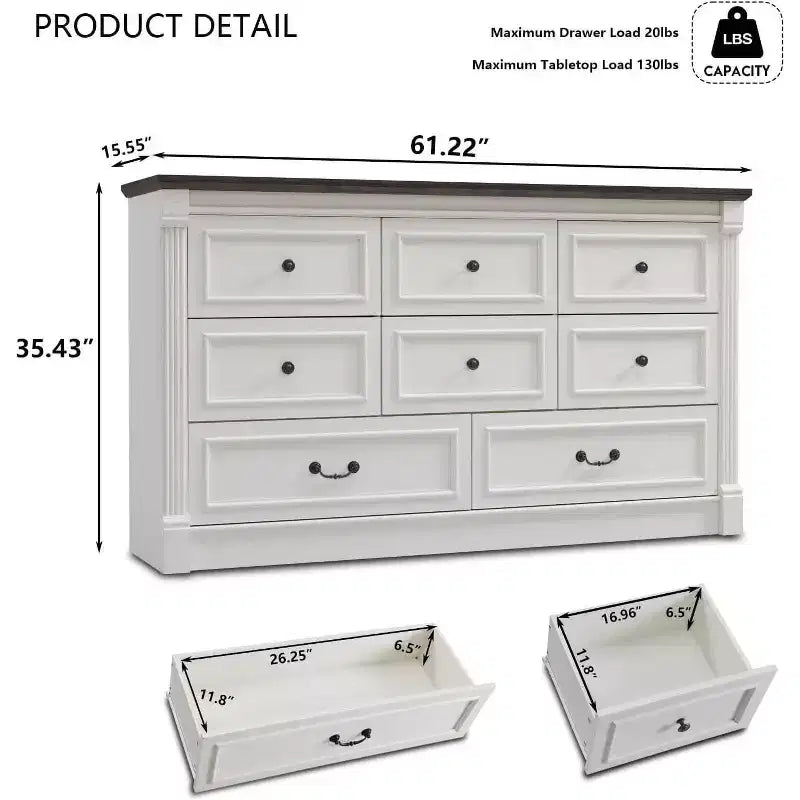 Commode de ferme 61 avec 8 tiroirs, rangement en bois rustique avec colonne romaine pour chambre à coucher