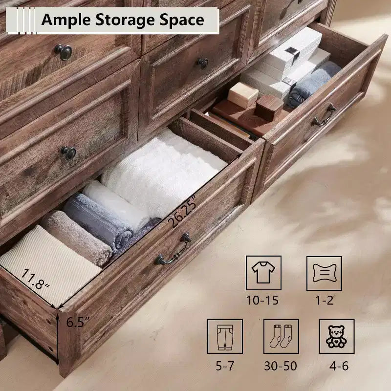 Commode de ferme 61 avec 8 tiroirs, rangement en bois rustique avec colonne romaine pour chambre à coucher
