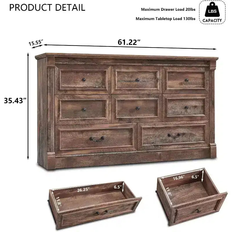 Commode de ferme 61 avec 8 tiroirs, rangement en bois rustique avec colonne romaine pour chambre à coucher