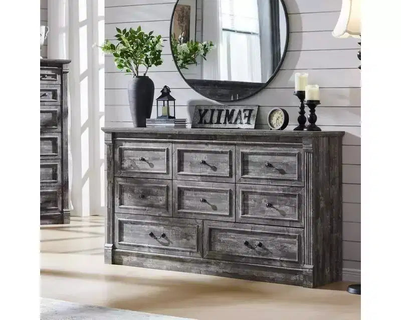 Commode de ferme 61 avec 8 tiroirs, rangement en bois rustique avec colonne romaine pour chambre à coucher
