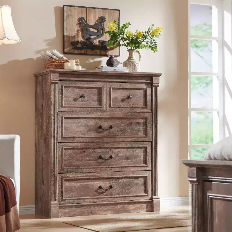 46 Commode rustique de ferme avec 5 tiroirs, armoire de rangement en bois rustique avec colonne romaine pour chambre à coucher