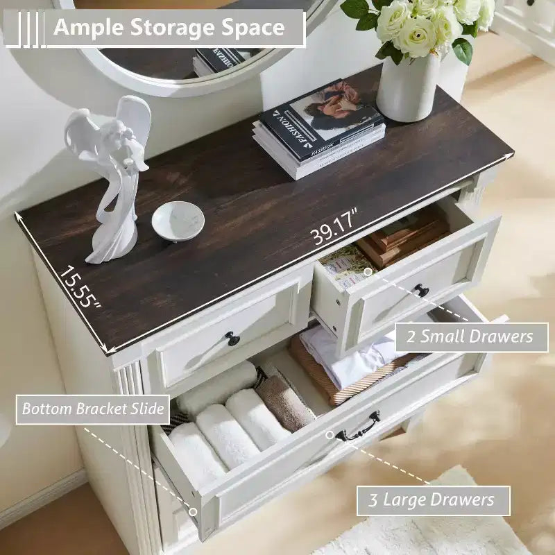 46 Commode rustique de ferme avec 5 tiroirs, armoire de rangement en bois rustique avec colonne romaine pour chambre à coucher