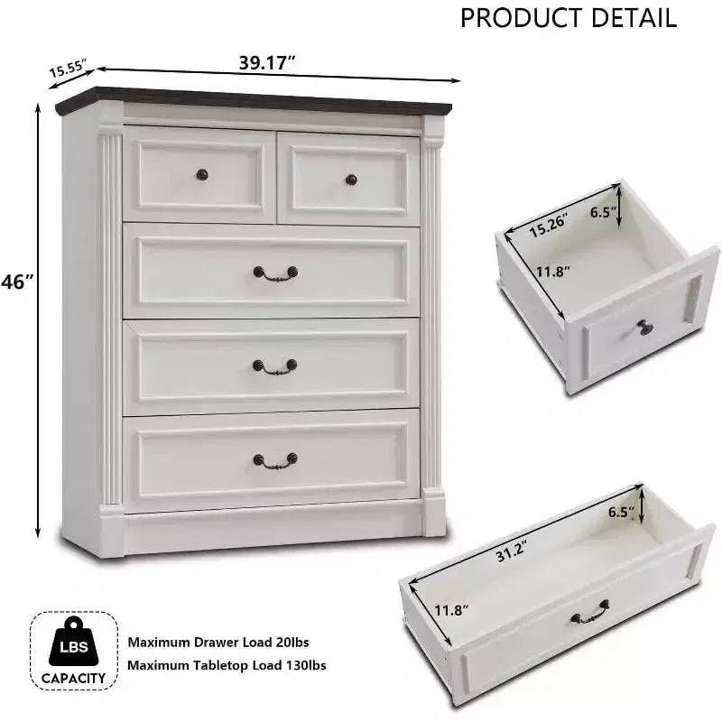 46 Commode rustique de ferme avec 5 tiroirs, armoire de rangement en bois rustique avec colonne romaine pour chambre à coucher