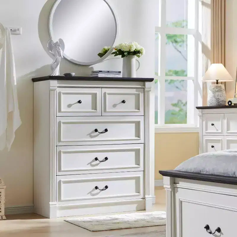 46 Commode rustique de ferme avec 5 tiroirs, armoire de rangement en bois rustique avec colonne romaine pour chambre à coucher