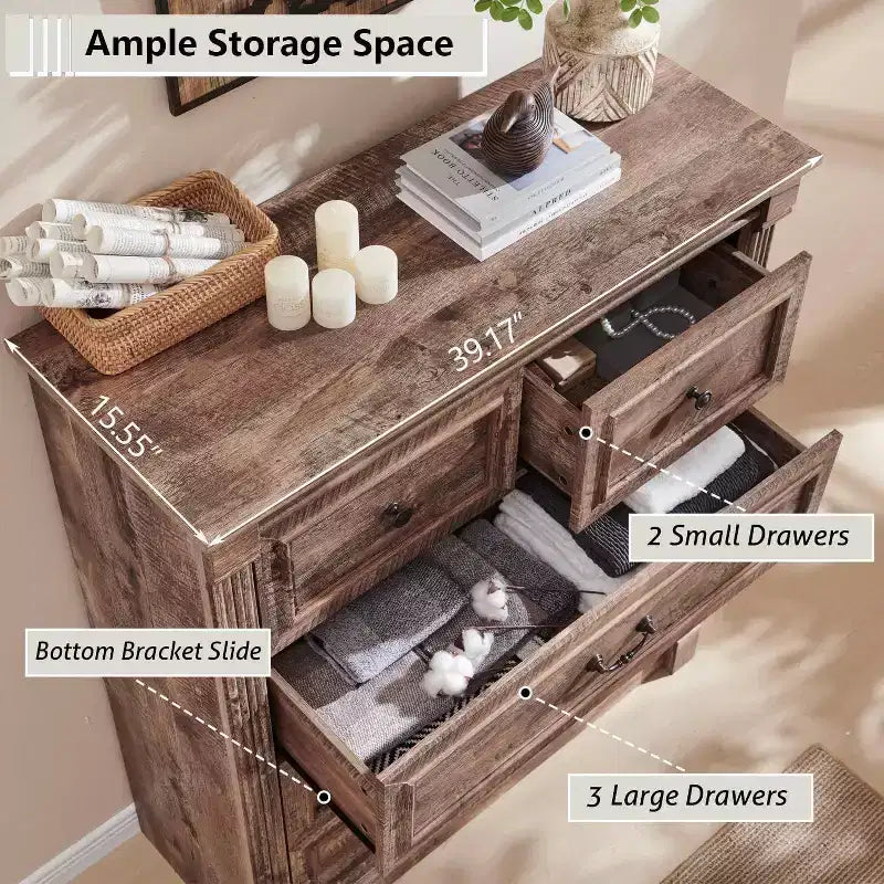 46 Commode rustique de ferme avec 5 tiroirs, armoire de rangement en bois rustique avec colonne romaine pour chambre à coucher