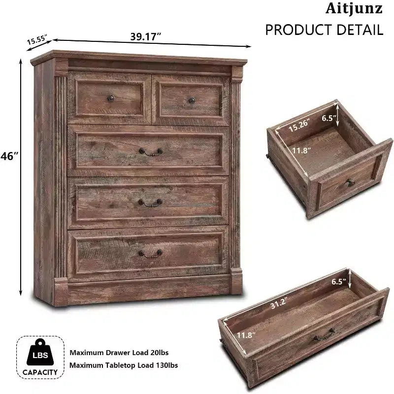 46 Commode rustique de ferme avec 5 tiroirs, armoire de rangement en bois rustique avec colonne romaine pour chambre à coucher