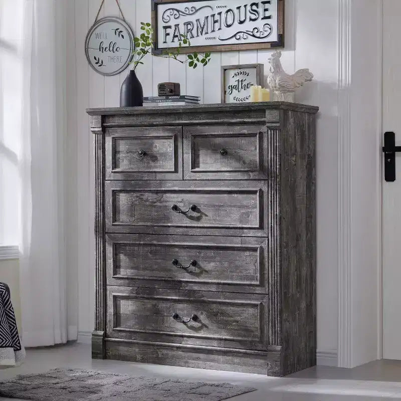 46 Commode rustique de ferme avec 5 tiroirs, armoire de rangement en bois rustique avec colonne romaine pour chambre à coucher