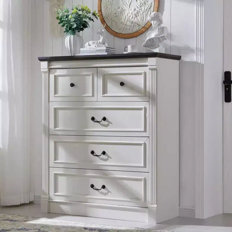 46 Commode rustique de ferme avec 5 tiroirs, armoire de rangement en bois rustique avec colonne romaine pour chambre à coucher