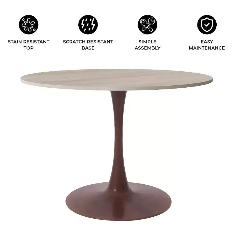 Table à manger ronde 35" avec plateau en pierre frittée et piètement en noyer pour cuisine et salle à manger modernes