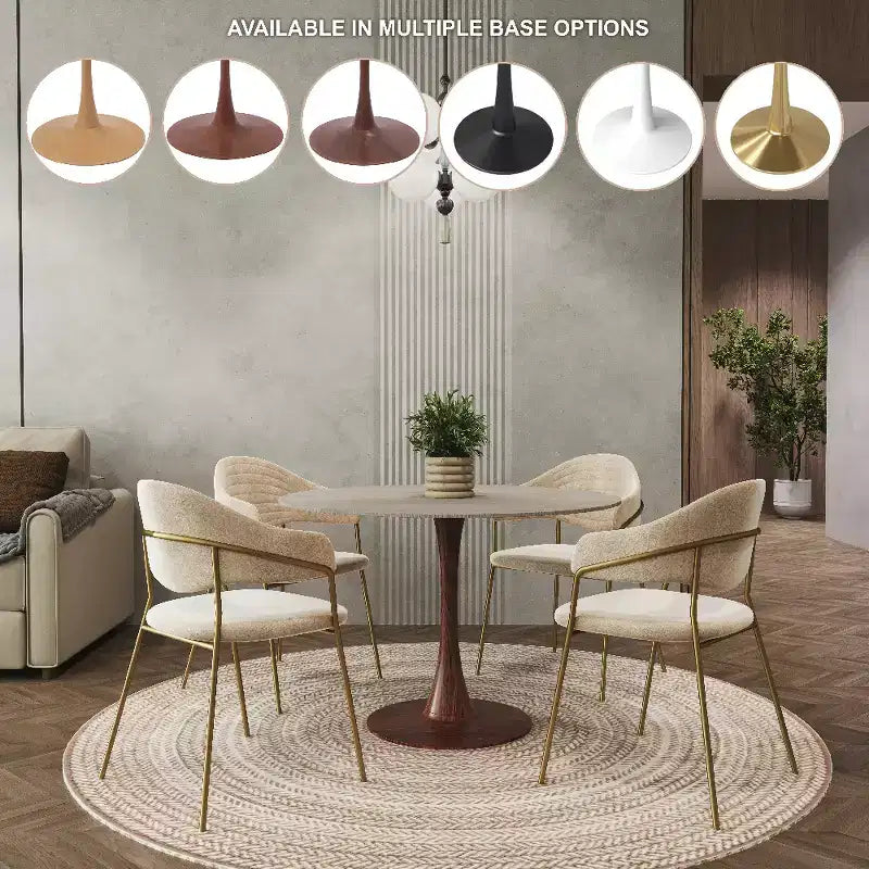 Table à manger ronde 35" avec plateau en pierre frittée et piètement en noyer pour cuisine et salle à manger modernes