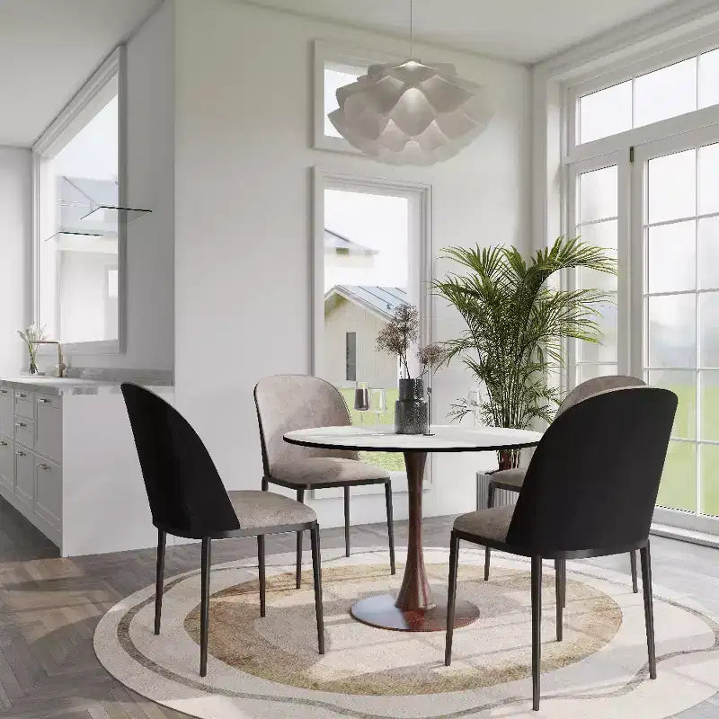 Table à manger ronde 35" avec plateau en pierre frittée et piètement en noyer pour cuisine et salle à manger modernes