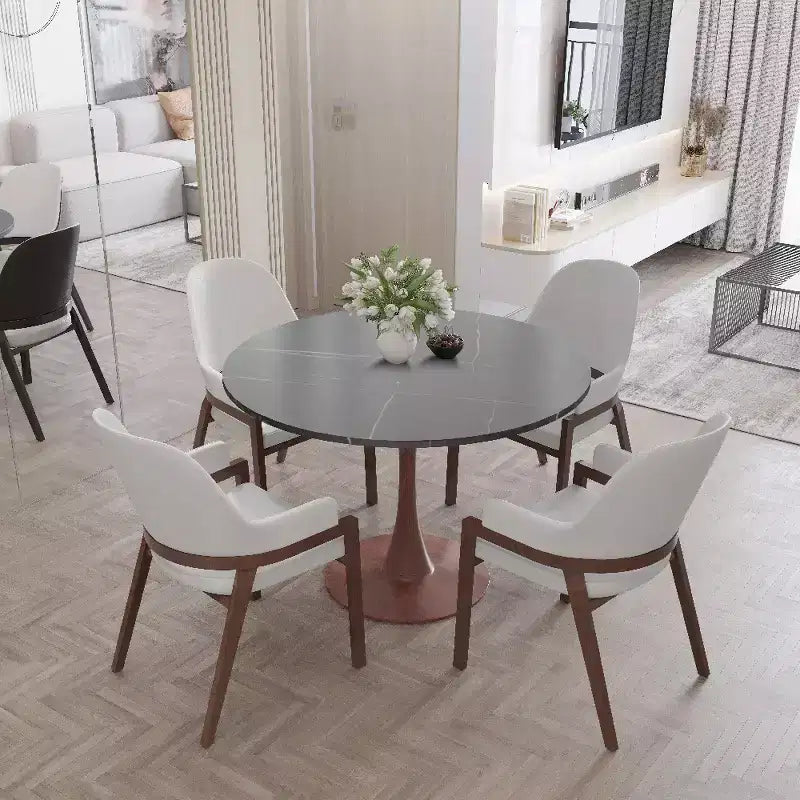 Table à manger ronde 35" avec plateau en pierre frittée et piètement en noyer pour cuisine et salle à manger modernes