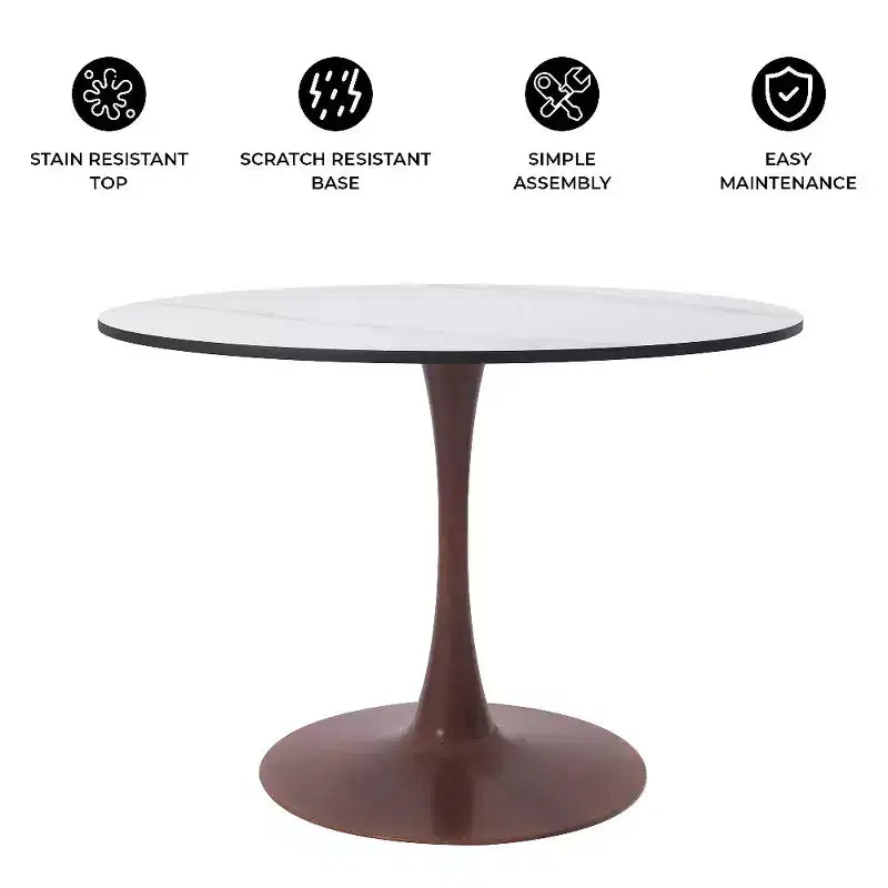 Table à manger ronde 35" avec plateau en pierre frittée et piètement en noyer pour cuisine et salle à manger modernes