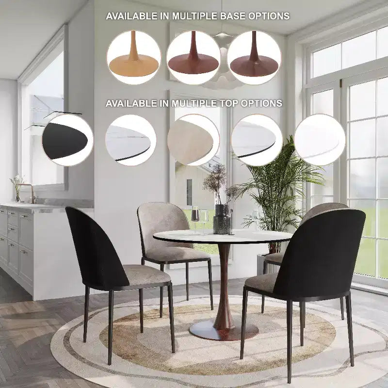 Table à manger ronde 35" avec plateau en pierre frittée et piètement en noyer pour cuisine et salle à manger modernes
