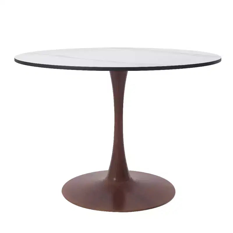 Table à manger ronde 35" avec plateau en pierre frittée et piètement en noyer pour cuisine et salle à manger modernes