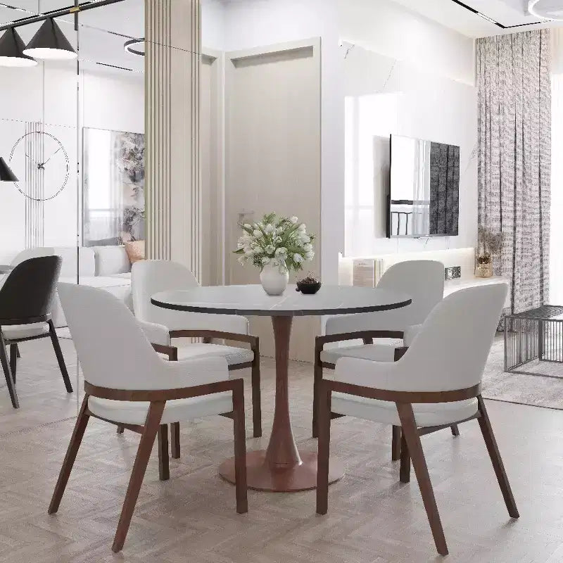 Table à manger ronde 35" avec plateau en pierre frittée et piètement en noyer pour cuisine et salle à manger modernes