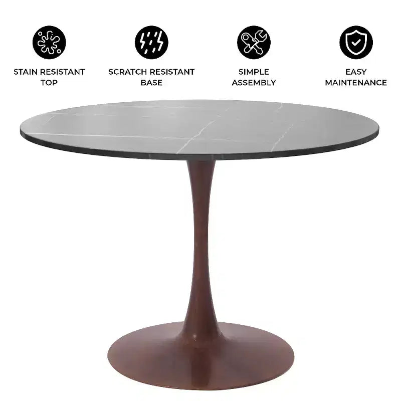Table à manger ronde 35" avec plateau en pierre frittée et piètement en noyer pour cuisine et salle à manger modernes