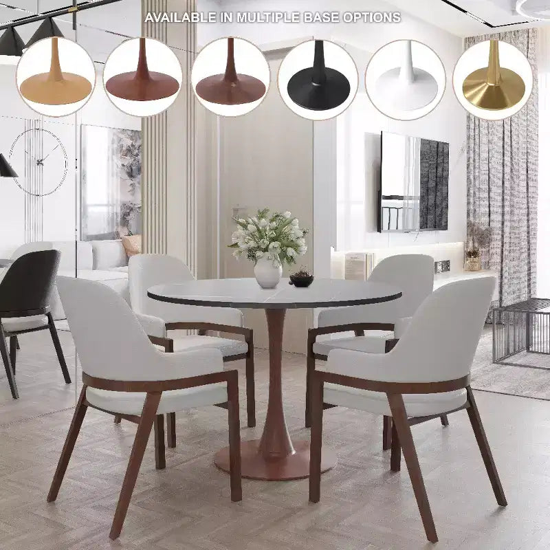 Table à manger ronde 35" avec plateau en pierre frittée et piètement en noyer pour cuisine et salle à manger modernes