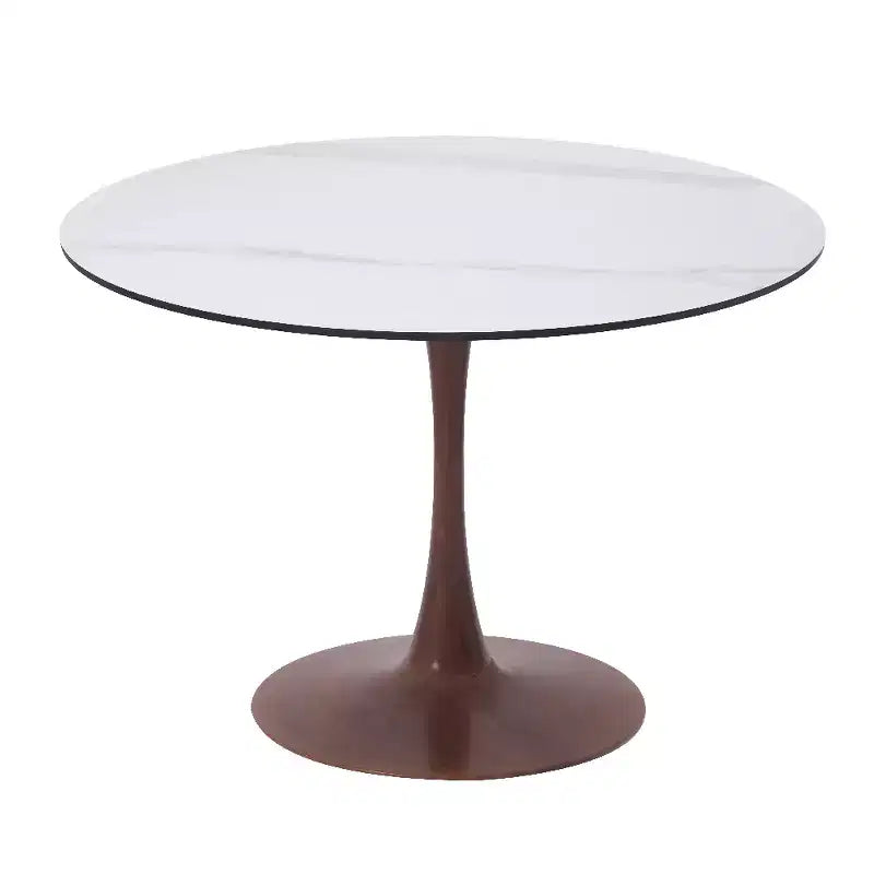 Table à manger ronde 35" avec plateau en pierre frittée et piètement en noyer pour cuisine et salle à manger modernes