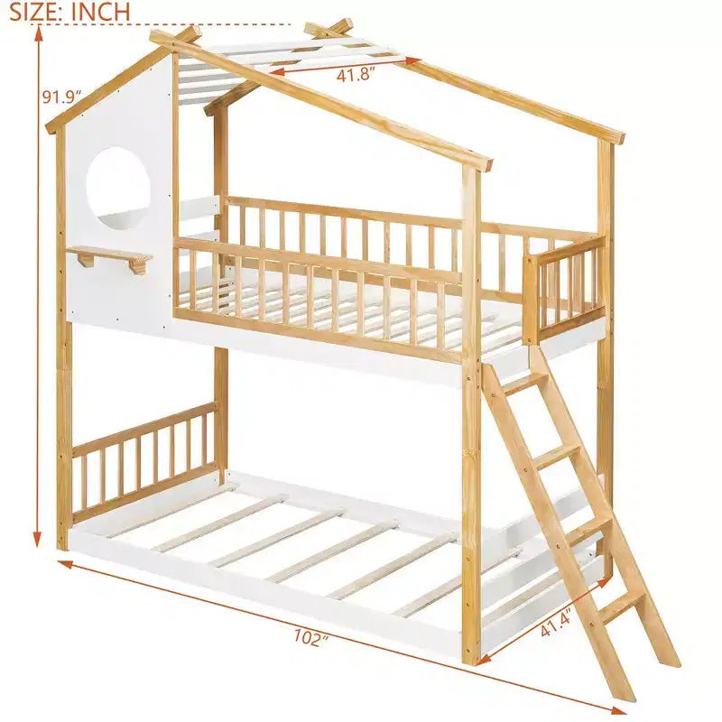 Lit Superposé Jumeau sur Jumeau avec Toit, Design Maisonnette, Échelle Sûre et Barrières - Naturel