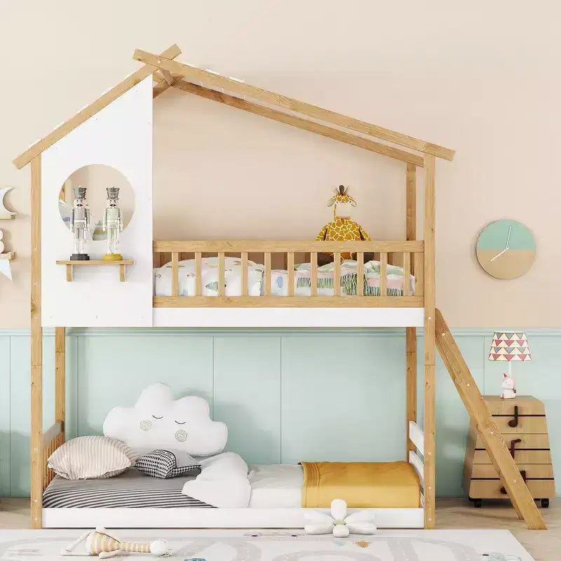 Lit Superposé Jumeau sur Jumeau avec Toit, Design Maisonnette, Échelle Sûre et Barrières - Naturel