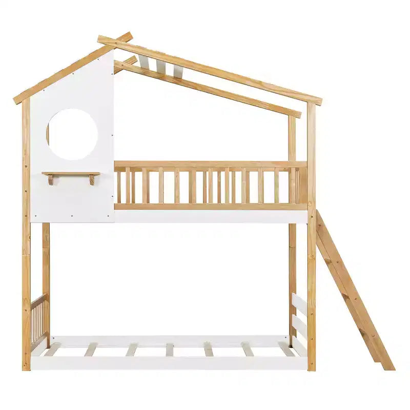 Lit Superposé Jumeau sur Jumeau avec Toit, Design Maisonnette, Échelle Sûre et Barrières - Naturel