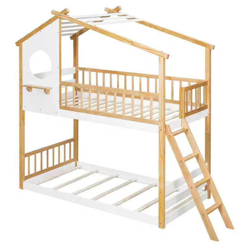 Lit Superposé Jumeau sur Jumeau avec Toit, Design Maisonnette, Échelle Sûre et Barrières - Naturel