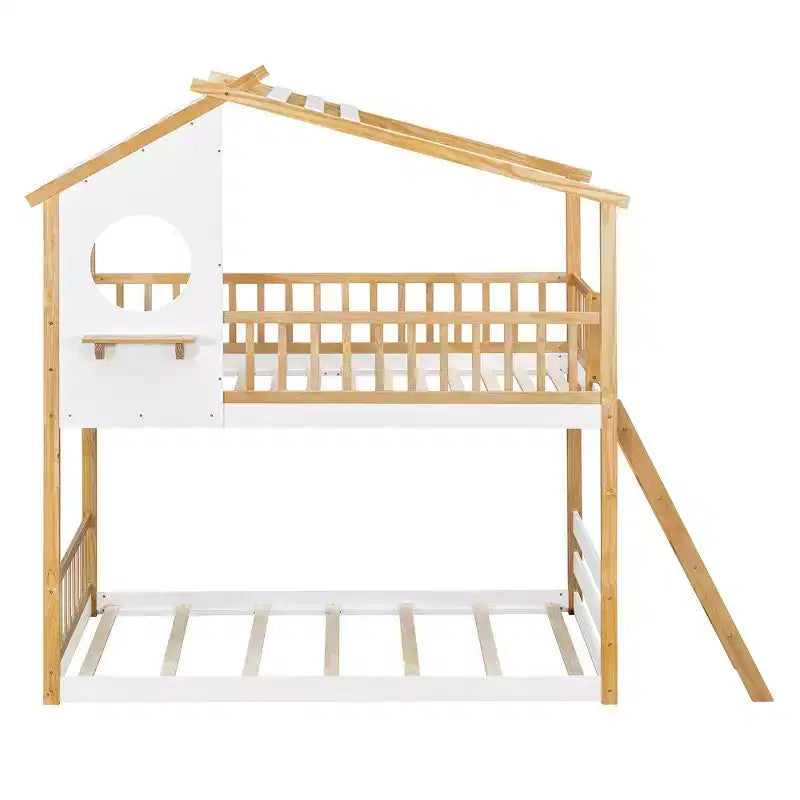 Lit Superposé Jumeau sur Jumeau avec Toit, Design Maisonnette, Échelle Sûre et Barrières - Naturel