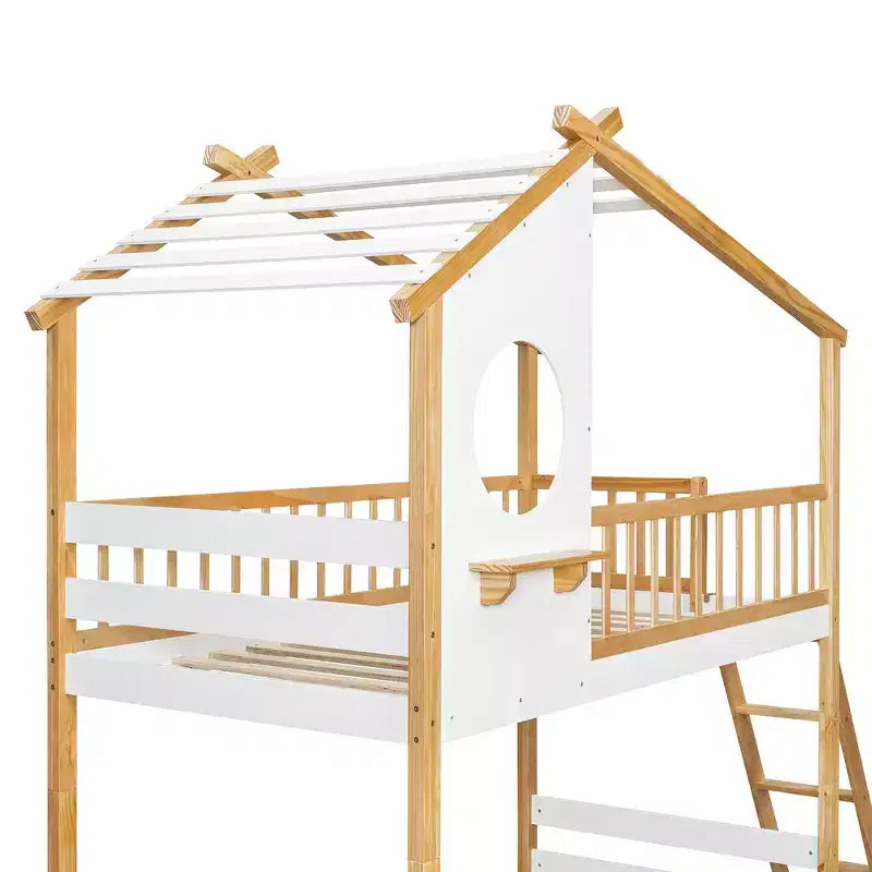 Lit Superposé Jumeau sur Jumeau avec Toit, Design Maisonnette, Échelle Sûre et Barrières - Naturel