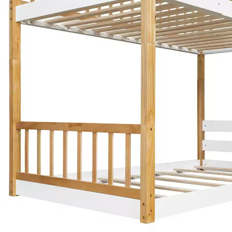 Lit Superposé Jumeau sur Jumeau avec Toit, Design Maisonnette, Échelle Sûre et Barrières - Naturel