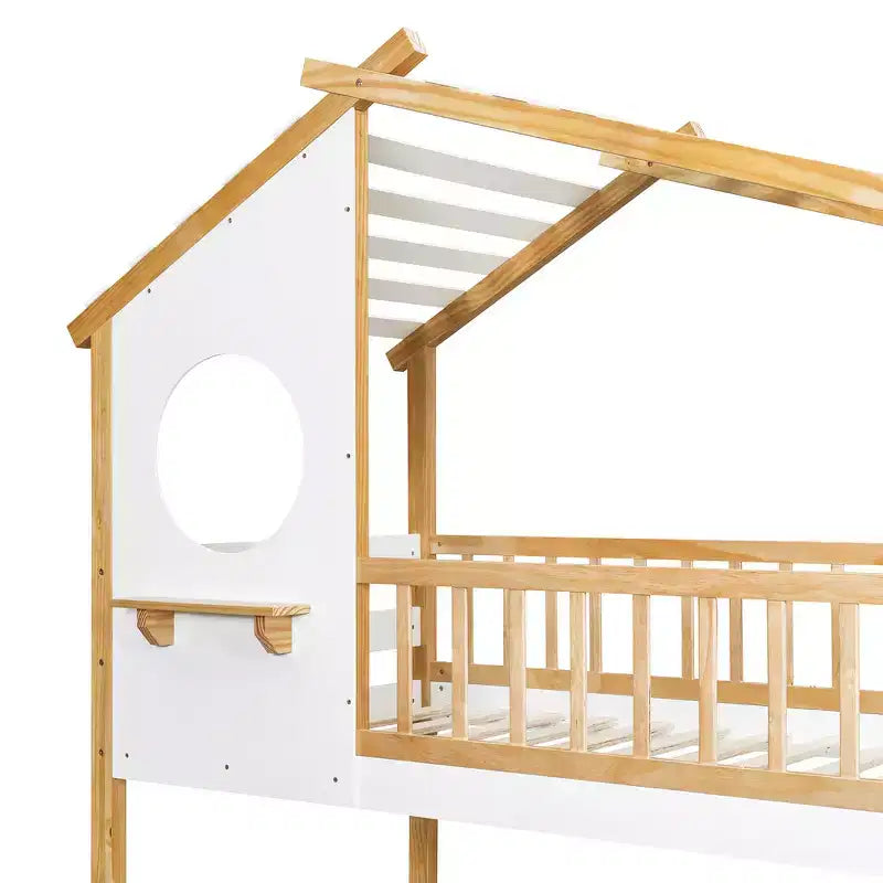 Lit Superposé Jumeau sur Jumeau avec Toit, Design Maisonnette, Échelle Sûre et Barrières - Naturel