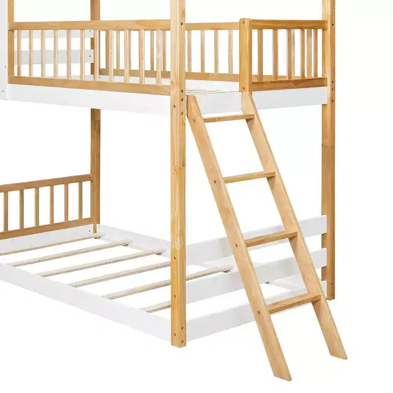 Lit Superposé Jumeau sur Jumeau avec Toit, Design Maisonnette, Échelle Sûre et Barrières - Naturel
