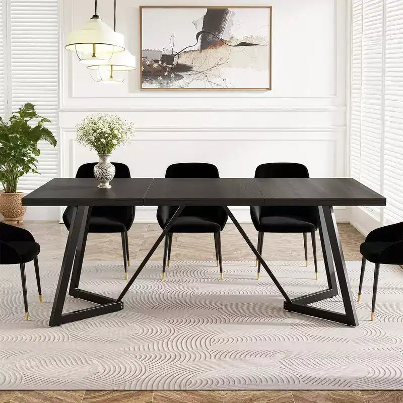 Table de salle à manger moderne de 70,96 pouces, plateau en MDF noir grain de bois marron, pieds en fer forgé.