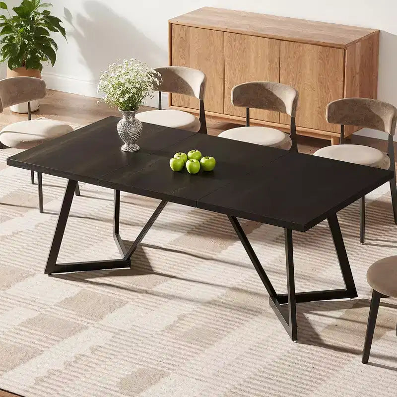 Table de salle à manger moderne de 70,96 pouces, plateau en MDF noir grain de bois marron, pieds en fer forgé.